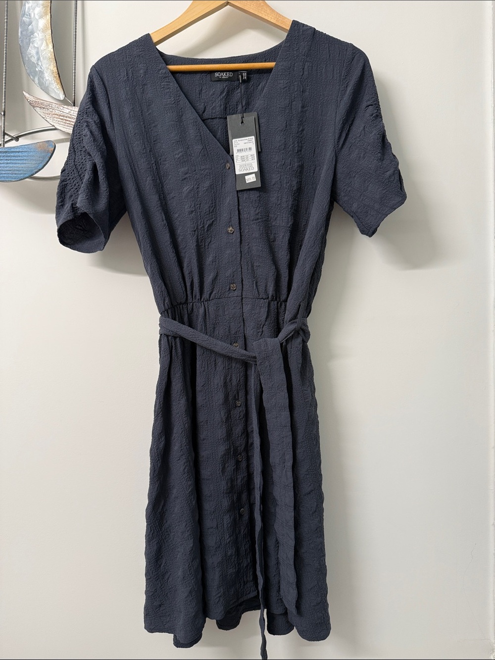 Textured Navy Button-Front Midi Dress with Self Tie